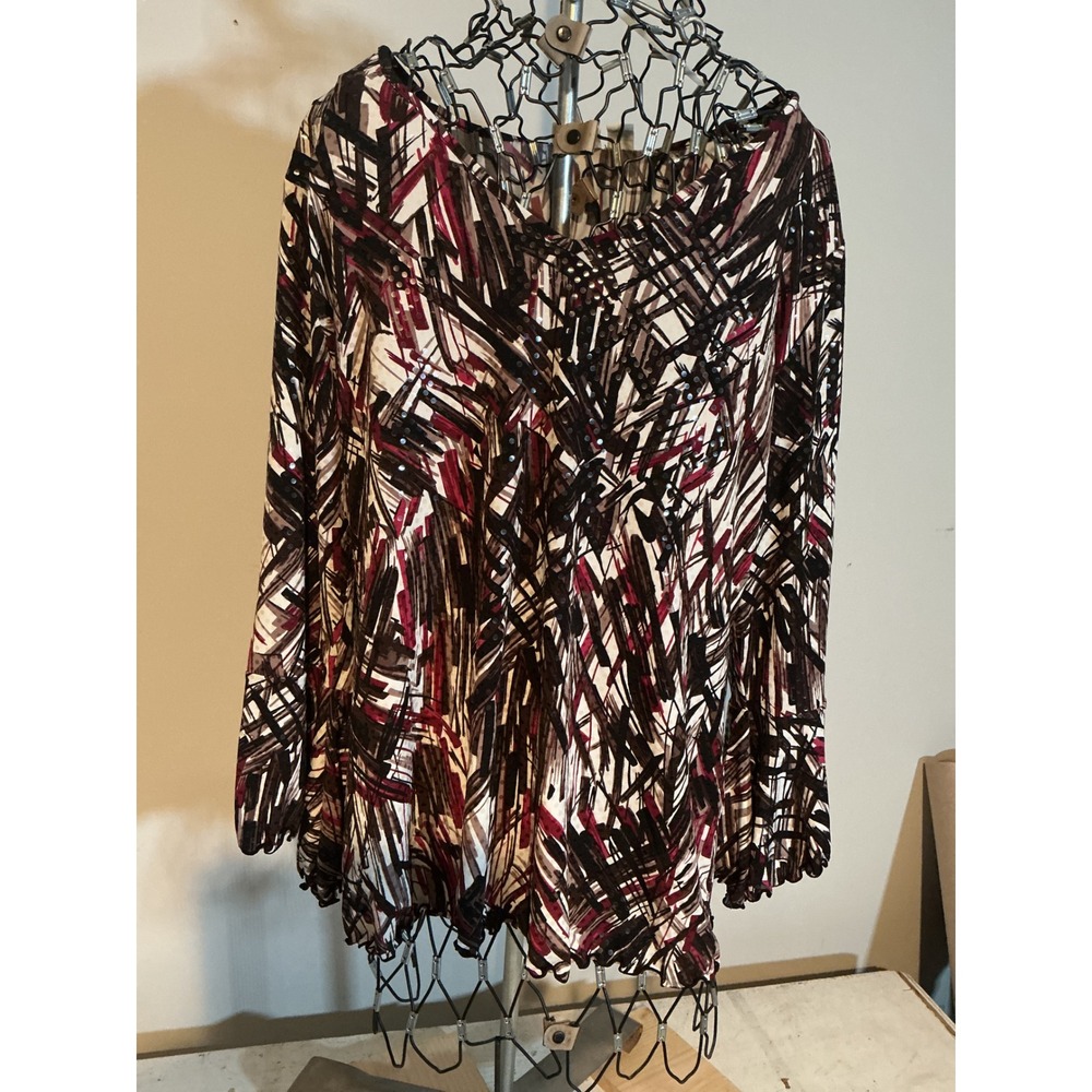 Cato Womens Large Abstract Sequin V-Neck Top Burgundy Black Lettuce Hem Blouse